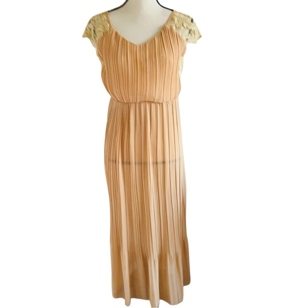 Vintage 70’s Pleated Maxi Dress Lace Sleeves Short Sleeve A-Line Midi Dress